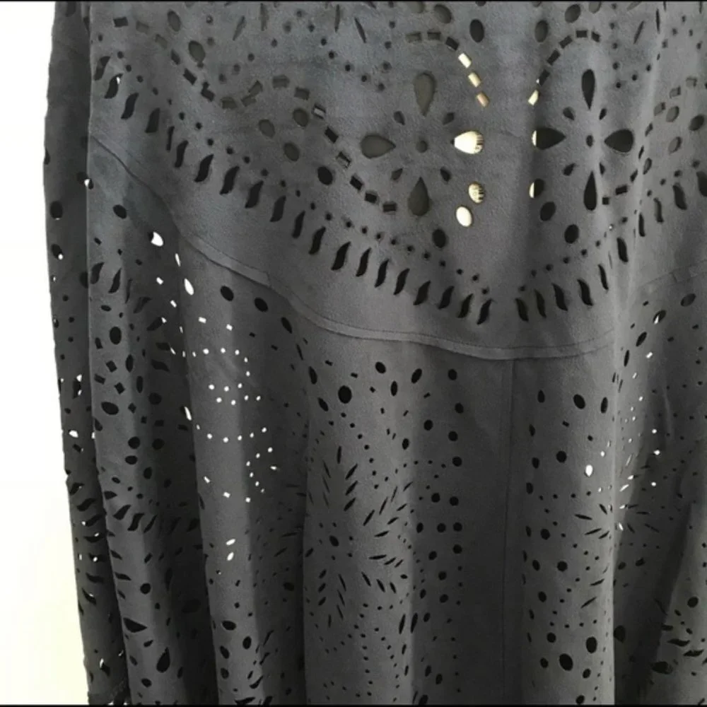 Muche et Muchette Navy Laser Cut Fringe Faux Suede Shawl NWT